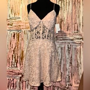 Speechless Floral Lace Prom Dress in tan.